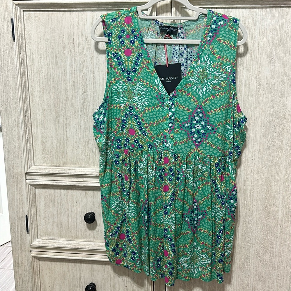 Cynthia Rowley Green Floral-Print Sleeveless V-Neck Tunic